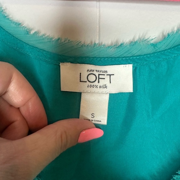 LOFT 100% Silk Teal Tank Top – Raw Edge Beaded Chain Boho Festival Top - Picture 4 of 8